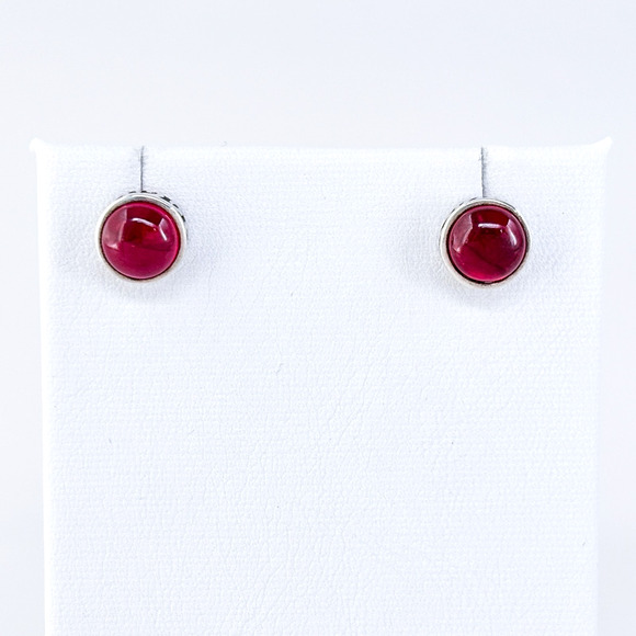 Vintage Sterling Silver 925 Synthetic Ruby Red Cabochon Stud Earrings - Picture 2 of 9
